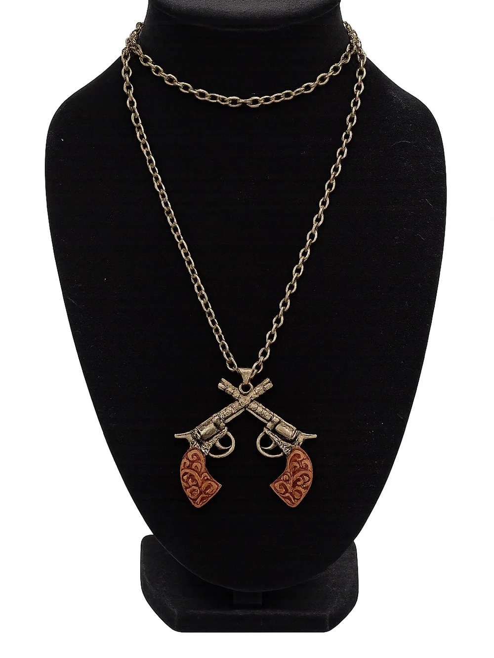 Antique Gold-Tone Crossed Revolver Pendant Necklace with Brown Grip Accents.